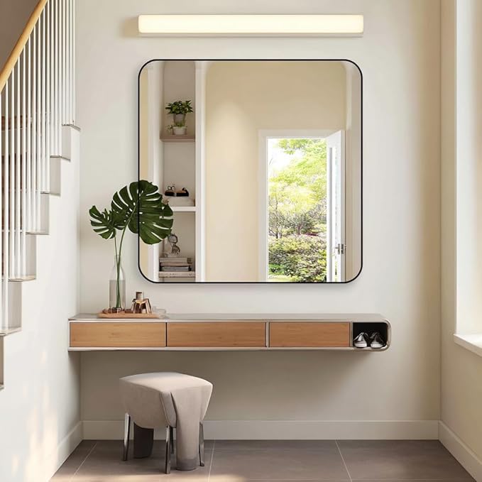 KOCUUY 42"x42" Large Square Vanity Mirror, Black Metal Frame Mirror with Rounded Corner, Modern Design of Upgraded Shatterproof Glass for Bathroom, Bedroom, Living Room, Entryway
