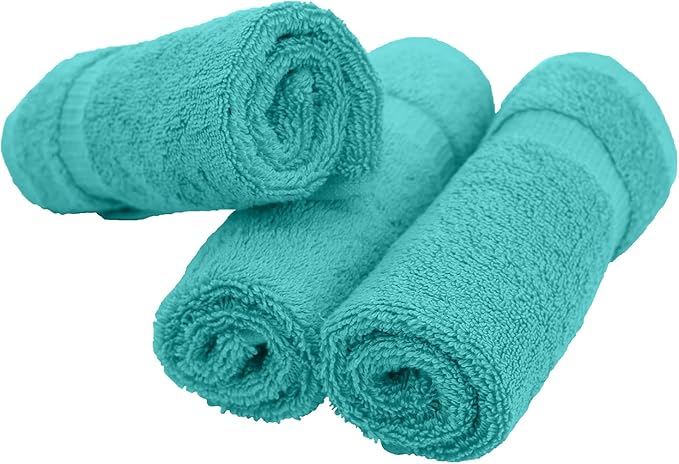 Luxury Hotel & Spa Collection, 100% Turkish Cotton 700 GSM Cloth, for Body wash, Makeup & Facial Cleaning, Baby, face, loofah, Dobby Border Soft washcloths Towel Set 13" X 13", Aqua Blue, Set of 12