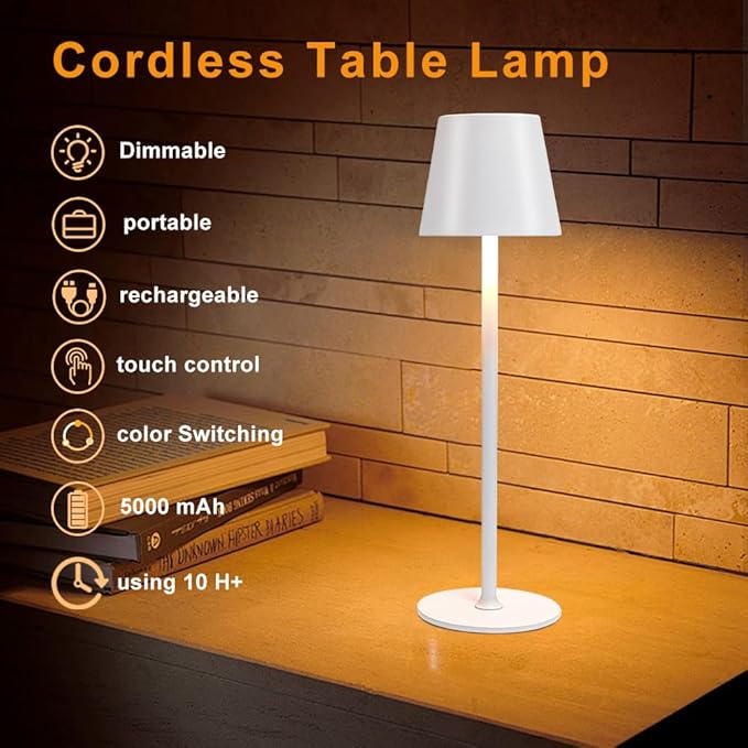 LED Cordless Table Lamps Set of 2,Portable Rechargeable 5000mAh Outdoor Table Lamp,3 Color Stepless Dimming Wireless Battery Powered Lamp, Table Light for Dinner/Patio/Restaurant/Bedroom(White)