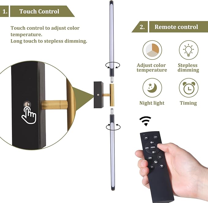 Battery Operated Wall Sconce Set of 2, 10400mAh Wireless Wall Sconces, 3000K-6000K Dimmable, 350°Rotate, Indoor Wall Lights with Remote for Bedroom Living Room Bathroom, Black Gold, 31.5 Inch