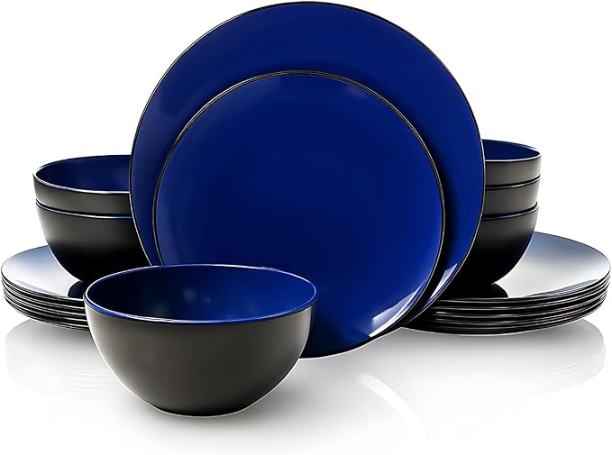 TP 18-Piece Dinnerware Set, Melamine Dishes Set with Bowls and Plates, Service for 6, Non-breakable Lightweight Dining Tableware, Blue and Black