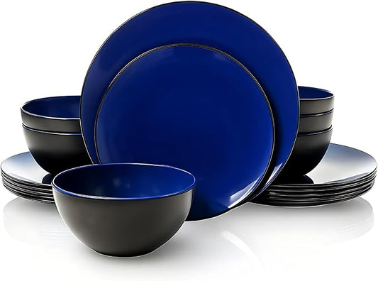TP 18-Piece Dinnerware Set, Melamine Dishes Set with Bowls and Plates, Service for 6, Non-breakable Lightweight Dining Tableware, Blue and Black
