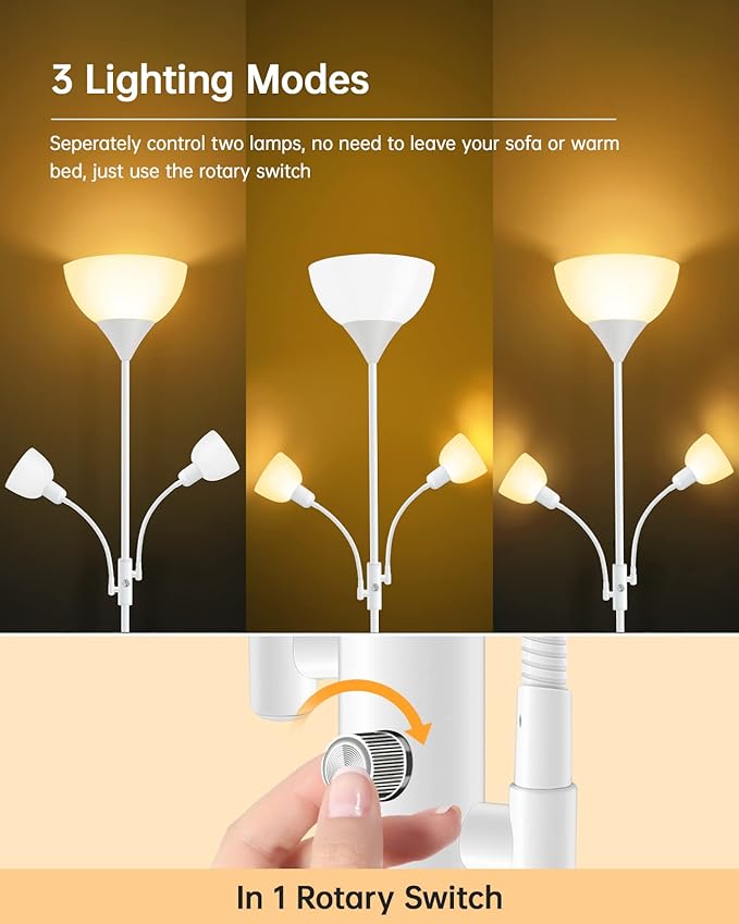 Floor Lamp Torchiere, Standing Lamp, 71" Tall Floor Lamps with Reading Light, 2700K LED Beads, 50,000hrs Lifespan, Rotary Switch, Plastic Lampshade, Bright Torch Lamps for Living Room Bedroom, White