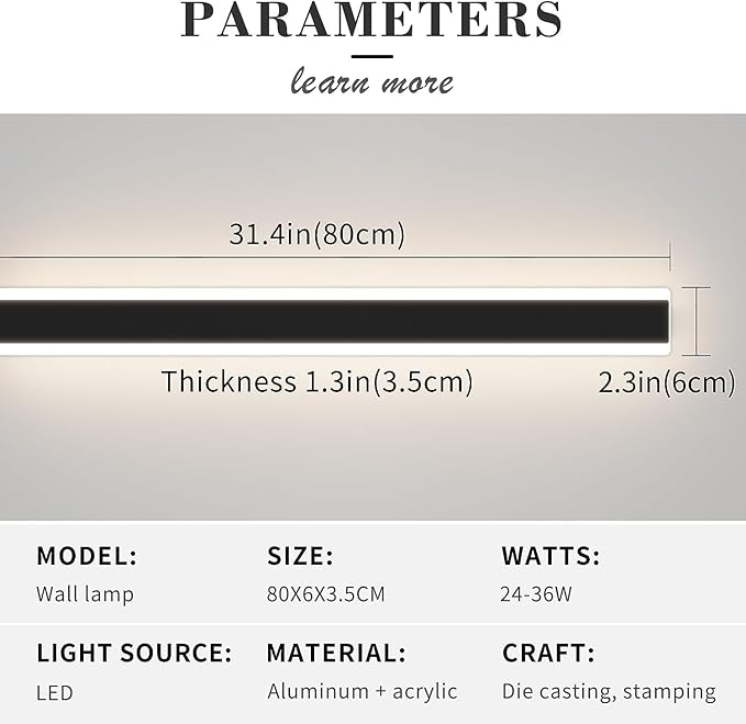 Mikeru Modern Wall Light, Dimmable Outdoor Sconce 31.4in Black Exterior Light with Remote Control IP65 Waterproof Anti-Rust Linear Long Porch Light