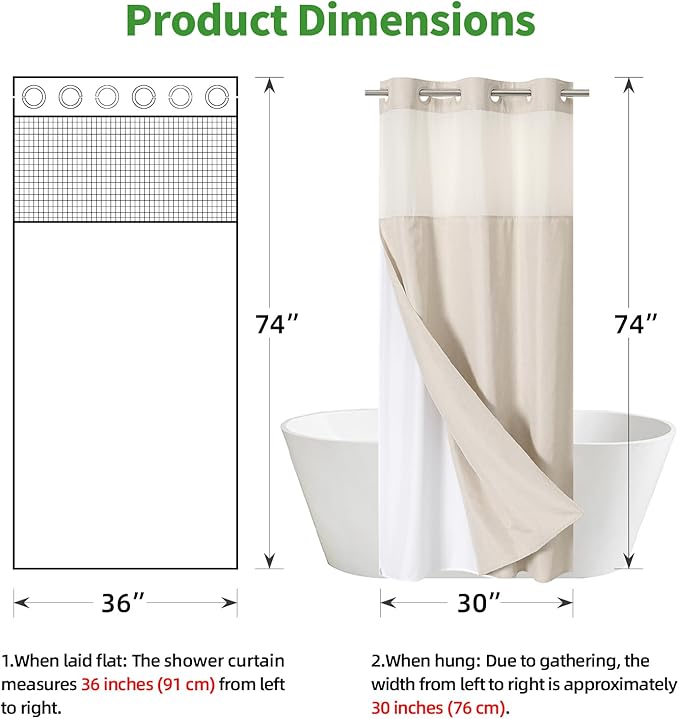 Stall No Hooks Needed Linen Textured Shower Curtain with Snap-in Fabric Liner Set,Hotel Luxury Decor Shower Curtains for Bathroom with Mesh Top Window,Waterproof & Washable,36Wx74H,Cream