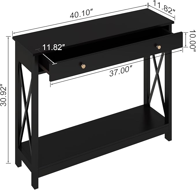 Treocho Black Console Table with Drawer and Storage Shelves, Foyer Sofa Table Narrow for Entryway, Living Room, Hallway