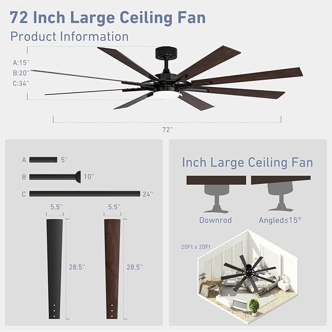 72 Inch Smart Ceiling Fan with Light and Remote, Black Ceiling Fan with Quiet Reversible DC Motor, Control Via WiFi Alexa App, 3CCT Dimmable Large Indoor/Outdoor Ceiling Fans for Patio Garage