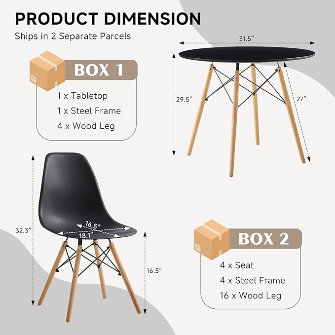 31.5'' 5 Piece Round Dining Table Set for 4, Mid-Century Modern Table with Chairs, Space Saving, Plastic Seats, Wood Legs, Circle Dinner Table for Kitchen, Home, Apartment, Black