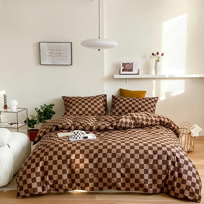 CLOTHKNOW Brown Plaid Comforter Sets Twin/Twin XL 3Pcs Grid Bedding Comforter Sets Dark Brown Checker Comforter Checkered Bedding Sets