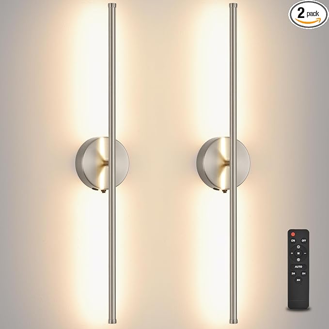 Battery Operated Wall Sconce Set of 2, Brushed Nickel 27.5" LED USB Rechargeable dimmable Wall Sconce with Remote Control, Rotate 350° for Living Room, Bedroom, Hallway and scones Lighting