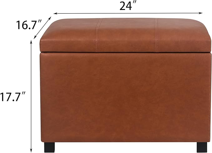Asense 24'' Small Square Ottoman with Lift Off Lid, Storage Cube Leather Ottoman for Foot Rest, Footstool for Dorm, Living Room, Bedroom, Cognac Brown