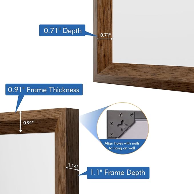 Rectangle Walnut Bathroom Mirror 28x36 Inch, Anti-Rust 4MM Tempered Glass, Modern Vanity Mirror for Bathroom, Horizontal or Vertical Wall Mount