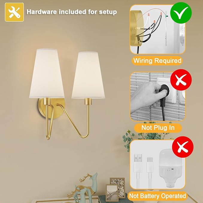 Electro bp;Double Head Classic 2 Lights Wall Sconces Lighting Fixture Polished Gold with Cream White Linen Fabric Lamp Shades E12 80W Hardwired;