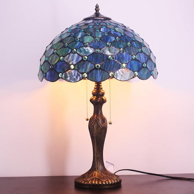Tiffany Table Lamp Stained Glass Lamp 16X16X24 Inch Antique Standing Reading Light Living Room Office Bedroom (Sea Blue Pearl)