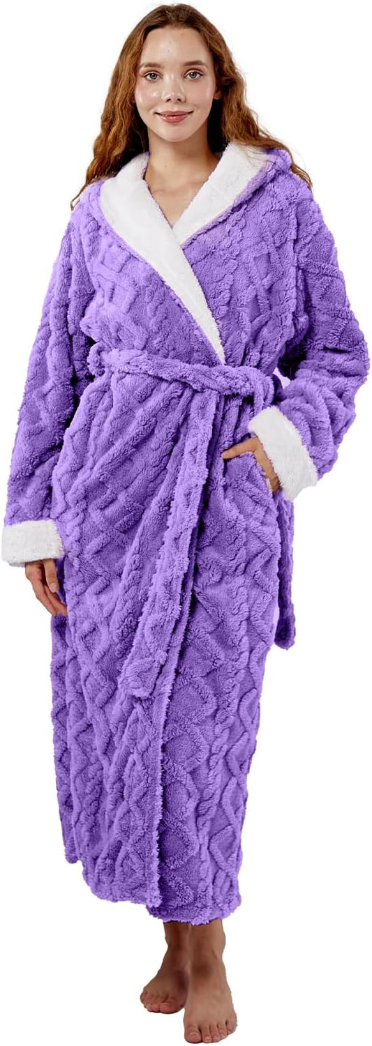 LKG women's robes long plush hooded ladies shower luxury christmas warm fuzzy robes house coat bathrobe for women full length
