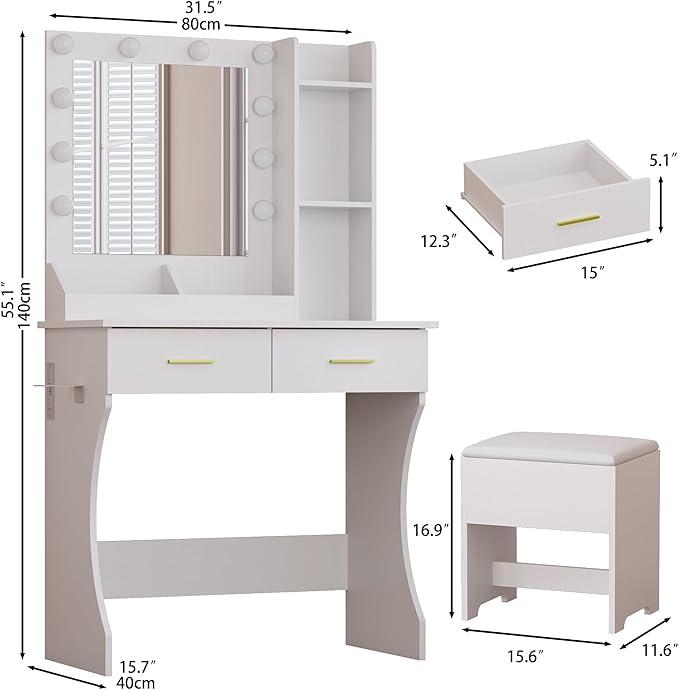 Vanity Mirror With Lights Desk And Chair, Small Makeup Vanity Set with Charging Station, Dressing Table with 2 Large Drawers, RGB Ambient Light, 3 Lighting Modes & Adjustable Brightness, White