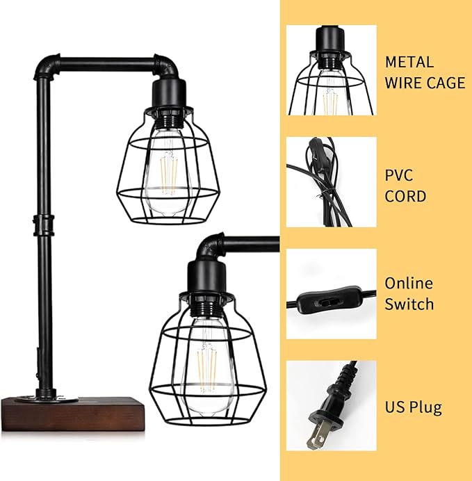 CONCA Industrial Steampunk Table Lamp, Edison Bulb, Metal, A-Black, 19.6x11.7x5.35 inches, 3 lbs, E26 Base, 800 Lumen, 120V