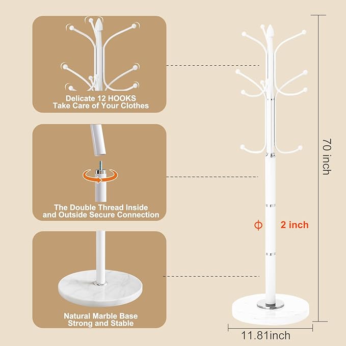 Metal Coat Rack Freestanding, Sturdy Coat Rack Stand with Natural Marble Base, White Coat Racks Tree Hats Hanger Holder Stand for Entryway, Hallway(12 Hooks)