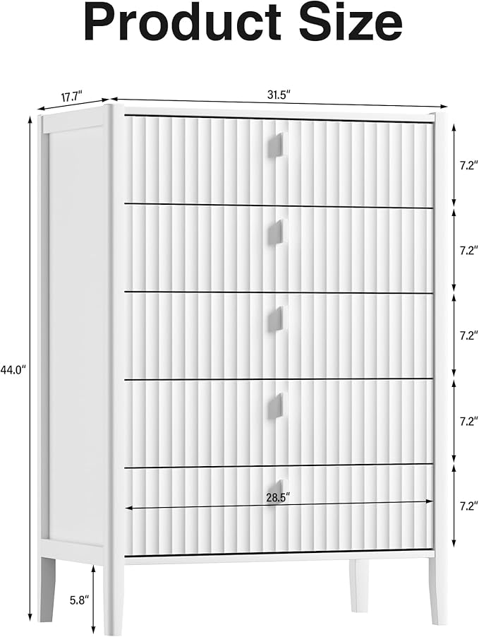 White 5 Drawer Dresser, 31.5" Wide White Modern Dresser with Fluted Front & Metal Handles for Bedroom, Living Room