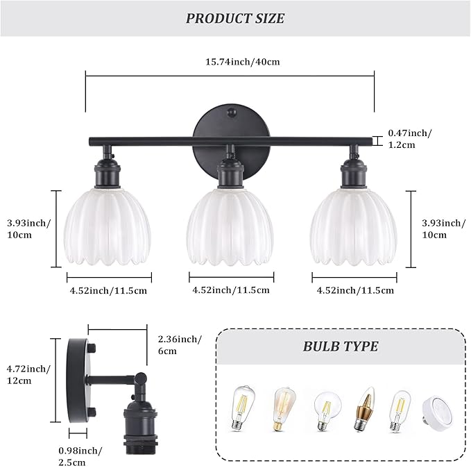 Bathroom Light Fixtures, 3-Light Black Vanity Wall Light Over Mirror with White Tulip Glass Shade for Bedroom Living Room