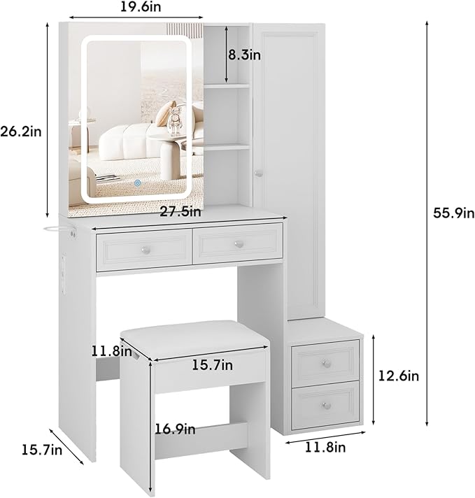 Makeup Vanity Desk with LED Lighted Sliding Mirror, Vanity Table with Jewelry Cabinet and 4 Drawers, Charging Station & Lots Storage Shelves, Adjustable Brightness, Dressing Table Cushioned Stool Set