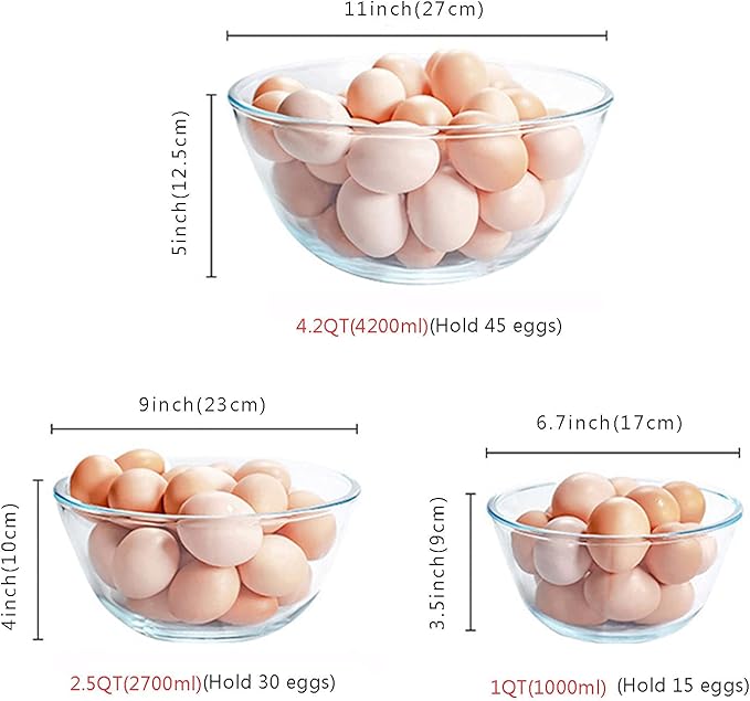 Glass Mixing Bowl Set of 3 for Kitchen, Baking, Prepping, Serving, Cooking 1.1QT, 2.5QT, 4.2QT Large Salad Bowl Set, High Brosilicate Bowl Set, Stackable, Non-toxic, Microwavable, Great Gift