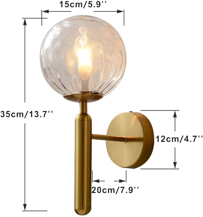 KCO Lighting Modern Wall Sconce Golden Mid Century Industrial Matte Globe Glass Wall Light for Bedroom Vanity Light (Clear)