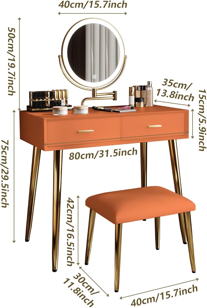 IKuinen Makeup Vanity Desk with Mirror and Lights, Small Vanity Table with 2 Drawers, Stool,Vanity Set for Bedroom with Microfiber Leather, 3 Lighting Modes - 31.5In Orange