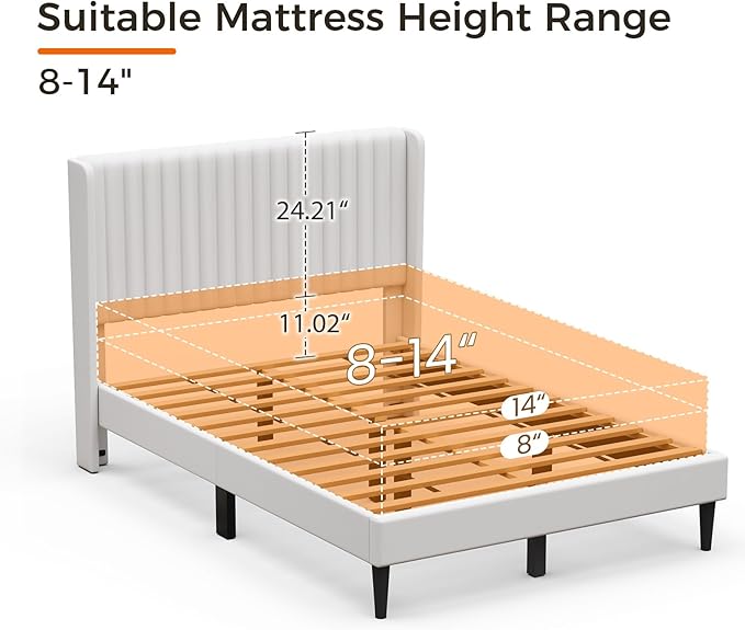 Casaottima Queen Bed Frame Upholstered Platform Bed with Wingback Headboard, Wooden Slats Support, Noise-Free Mattress Foundation, No Box Spring Needed, Easy Assembly, Vertical Stripe Cream White
