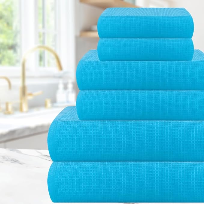 CASA COPENHAGEN Waffle Towel, 6Pieces 100% Cotton Large Towel Set- Teal Blue, 2Bath 2Hand 2Washcloths Instant Absorb and Dry, Soft Strong Towels for Hotel Spa Kitchen Bathroom & Shower