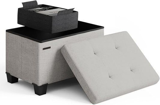 STORAGEBUD Storage Ottoman Cube with Small Bin, 16-in Square Ottoman with Storage for Living Room and Bedroom, Small Ottomans Foot Rest, Fabric Foot Stools Ottomans Max 330lbs, Light Grey