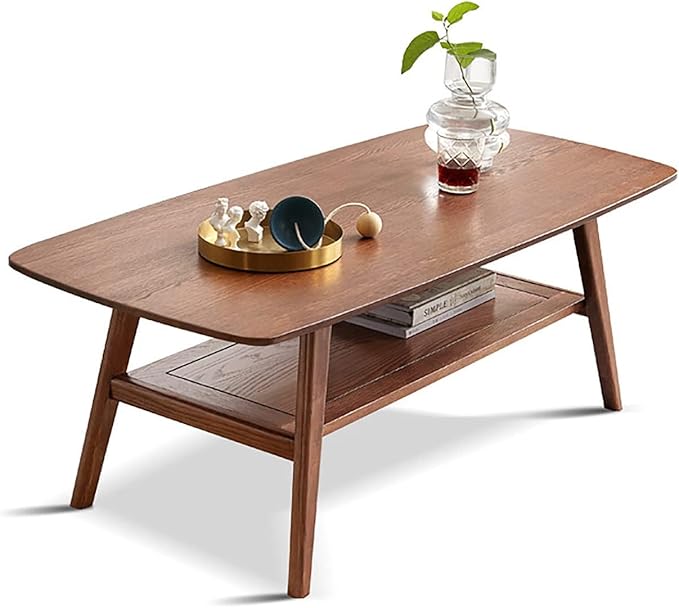 2-Tier Solid Oak Wood Coffee Table - Practical Center Table with Double Storage for Small Apartments, Living Rooms, Bedrooms, and Offices (Walnut, 39.37" D x 19.69" W x 17.32" H)