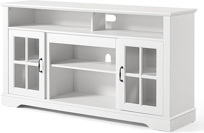 LINSY HOME TV Stand for 65 Inch TV, 32" Tall Entertainment Center with LED Lights and Glass Door Storage Cabinet, Modern Farmhouse Wood TV Media Console Table for Living Room, Bedroom, White