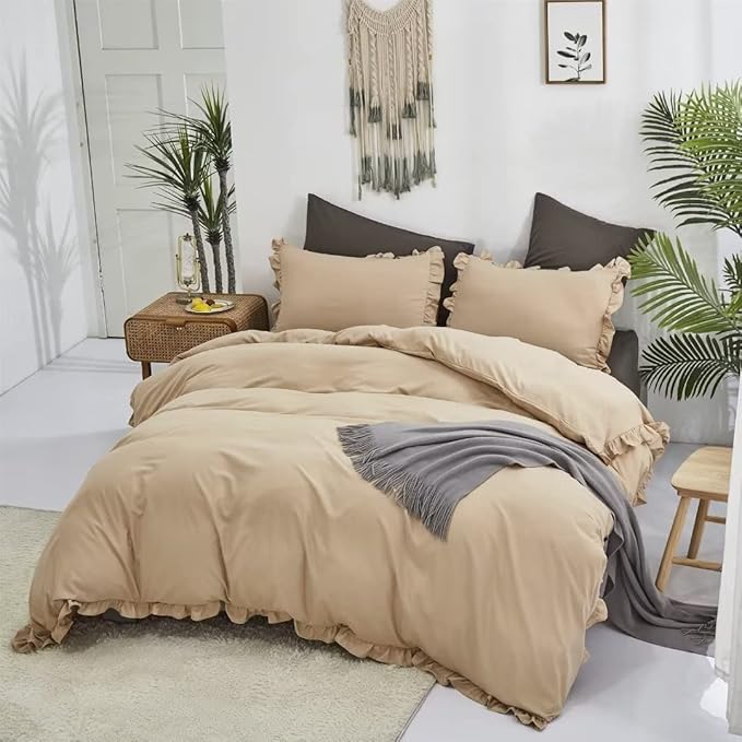 CLOTHKNOW Champagne Twin/Twin XL Comforter Set 3Pcs Ruffles Farmhouse Bedding Comforter Sets Soft Shabby Chic Taupe Comforter with 2 x Pillow Cases