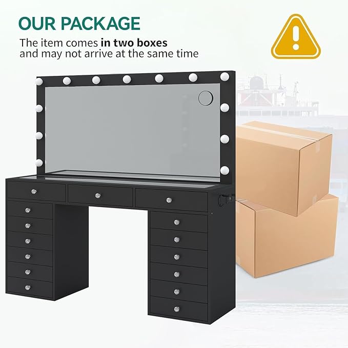 55" W Vanity Desk, Makeup Vanity with Charging Station, 15 Drawers with Lighted Mirror, 3 Lighting Modes, Brightness Adjustable, Glass Top, Vanity Table with Chair for Bedroom, Black