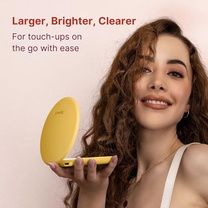 Fancii Taylor Travel Makeup Mirror with LED Light, Rechargeable, 10x /1x Magnifying, Tru-Glow Lighting System, XL Large 5” Wide | Compact Mirror for Purses (Marigold)