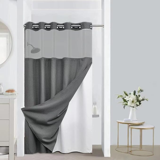 No Hooks Required Waffle Weave Shower Curtain with Snap in Liner-Hotel Grade Waterproof & Mesh Top Window Spa Like Small Stall Bath Curtain Machine Washable Heavy Duty 54Wx80L Grey