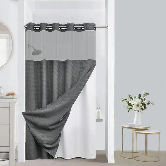 No Hooks Required Waffle Weave Shower Curtain with Snap in Liner-Hotel Grade Waterproof & Mesh Top Window Spa Like Small Stall Bath Curtain Machine Washable Heavy Duty 54Wx80L Grey