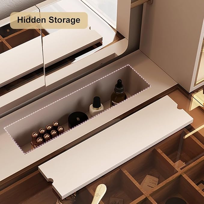 homary Modern Makeup Vanity Set with Charging Station, Makeup Table with 5 Drawers, Jewelry Storage, Vanity Desk with Foldable Mirror, Dressing Table with Stool for Bedroom (Champagne)