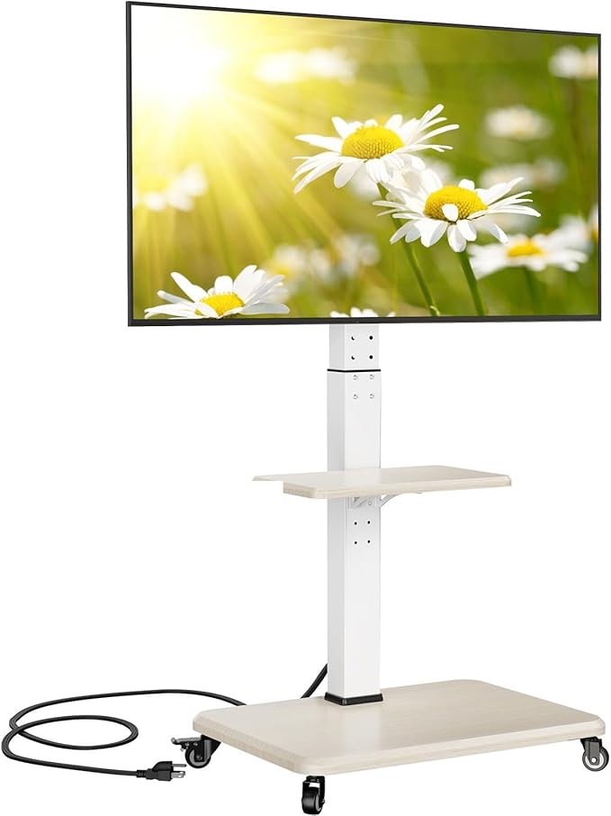 Perlegear Mobile TV Stand with Power Outlet, Tilt & Swivel Rolling TV Cart for 32-75 inches TVs up to 110 lbs, Height Adjustable Rolling TV Stand White with Wheels, Max VESA 600x400mm, PGTVMC17W
