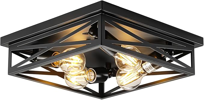 4-Light Flush Mount Ceiling Light Fixture, Kitchen Lights, Black Farmhouse Flush Mount Light Fixture, Metal Cage Closed to Ceiling Mounted Lights for Hallway Entryway E26 Base(1 Pack 13in)