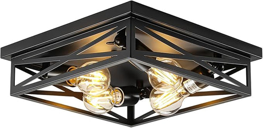 4-Light Flush Mount Ceiling Light Fixture, Kitchen Lights, Black Farmhouse Flush Mount Light Fixture, Metal Cage Closed to Ceiling Mounted Lights for Hallway Entryway E26 Base(1 Pack 13in)