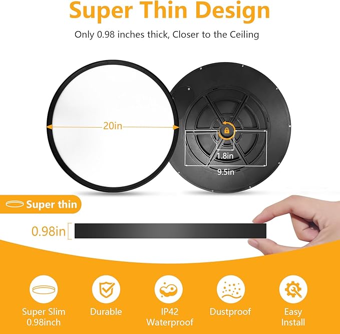 Led Flush Mount Ceiling Light,20 Inch 40w 4350lm,3000k/4000k/6000k 3CCT Selectable, Round Modern Flat Panel Super Slim Led Ceiling Light,for Living Dining Kitchen Bedroom Room(1Pack-Black)