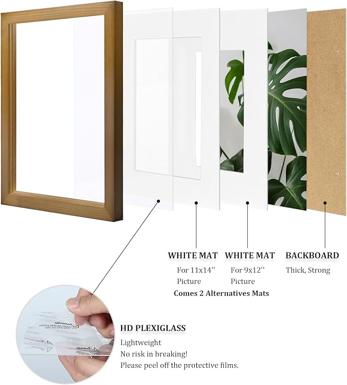 Egofine 12x16 Picture Frame Made of Solid Wood with Plexiglass, Display Pictures 9x12/11x14 with Mat or 12x16 Without Mat, for Wall Mounting Photo Frame, Light Brown