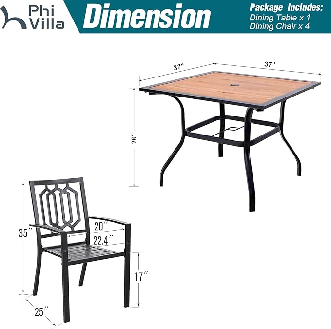 PHI VILLA Patio Wood-Like 37 inch Square Dining Table and Bistro Chairs Furniture Set of 5