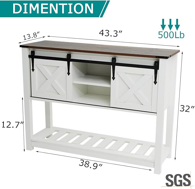 White Farmhouse Console Table for Entryway, Sofa Table with Storage Shelf, Hallway Tables with Sliding Barn Doors, Entry Tables for Foyer, Living Room
