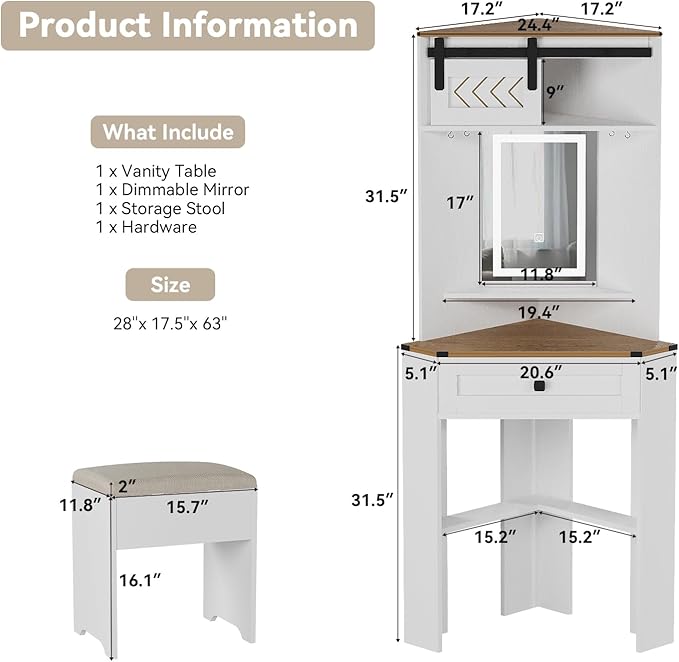 ARTETHYS Small Vanity Desk Set with Lights and Mirror Makeup Vanities with Drawers for Corner Space White Farmhouse Make up Dressing Table with Storage Stool for Bedroom