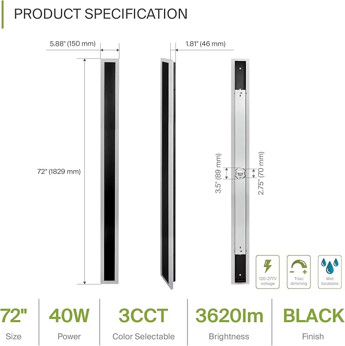 ASD LED 72" Long Wall Mount Light Fixture, Outdoor & Indoor Linear Sconce | 3CCT, Dimmable, Waterproof, Anti-Rust, ETL Listed | 40W 3570LM 3000-5000K 100-277V | Exterior Porch Lighting | Black