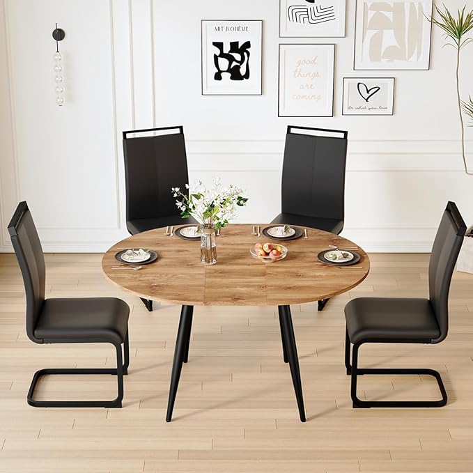 42"-54" Extendable Dining Table Set for 4, Round Dining Table Set for 4, 0.73" Thick Wood Tabletop with Smooth Edge, Black Metal Leg with Non-Slip Footmat, 4 Soft PU Chairs, for Kitchen, Small Space