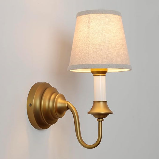 Vintage Fabric Wall Sconce Light with Curved Arm, Rustic Linen Cloth Wall Light Fixtures, Hardwired Brass Wall Mounted Lamp for Bathroom Vanity Bedroom Living Room